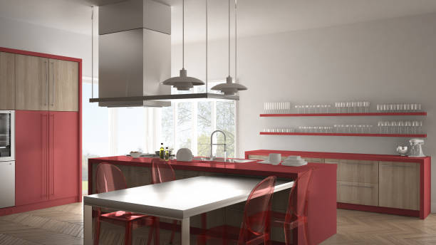 istock Minimalistic modern kitchen with table, chairs and parquet floor, white and red interior design 835810336