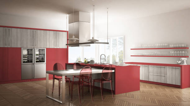 istock Minimalistic modern kitchen with table, chairs and parquet floor, white and red interior design 835810352
