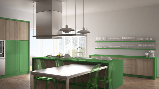 istock Minimalistic modern kitchen with table, chairs and parquet floor, white and green interior design 835810490