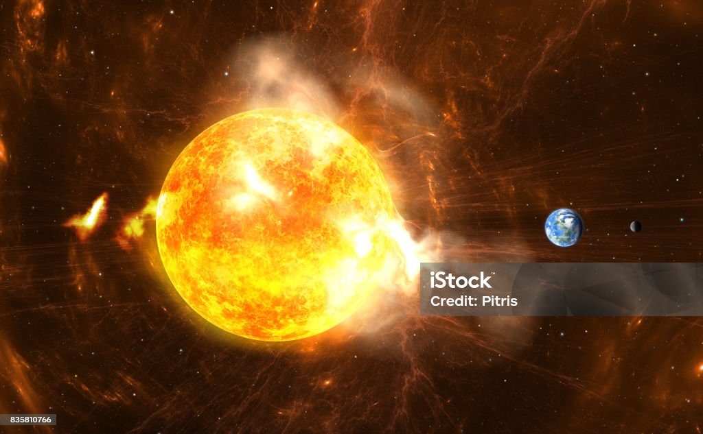 Giant Solar Flares. Sun producing super-storms and massive radiation bursts Giant Solar Flares. Sun producing super-storms and massive radiation bursts. All elements made by me Sun Stock Photo