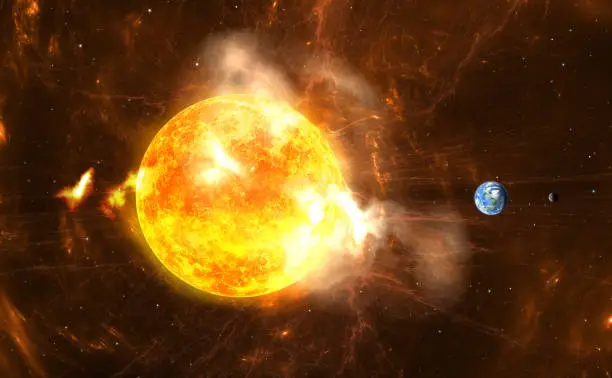 Giant Solar Flares. Sun producing super-storms and massive radiation bursts. All elements made by me