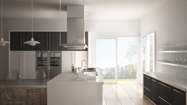 istock Minimalistic modern kitchen with table, chairs and parquet floor, white and gray interior design 835810902