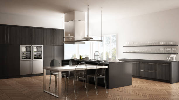 istock Minimalistic modern kitchen with table, chairs and parquet floor, white and gray interior design 835810968