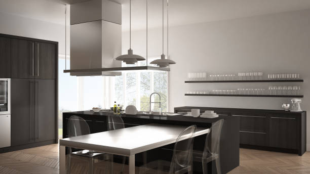 istock Minimalistic modern kitchen with table, chairs and parquet floor, white and gray interior design 835813412