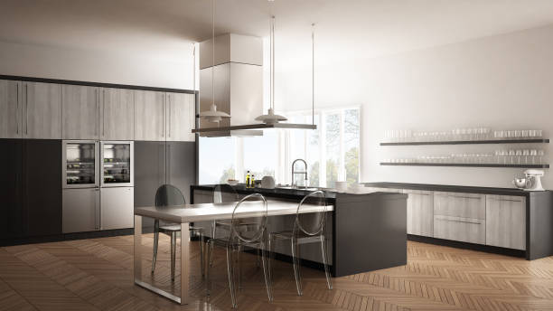 istock Minimalistic modern kitchen with table, chairs and parquet floor, white and gray interior design 835813596