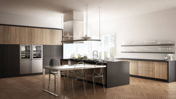 istock Minimalistic modern kitchen with table, chairs and parquet floor, white and gray interior design 835813628