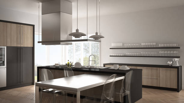 istock Minimalistic modern kitchen with table, chairs and parquet floor, white and gray interior design 835813664