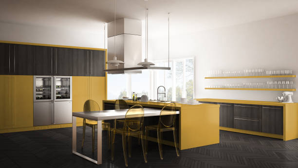 istock Minimalistic modern kitchen with table, chairs and parquet floor, gray and yellow interior design 835814236