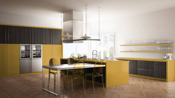 istock Minimalistic modern kitchen with table, chairs and parquet floor, gray and yellow interior design 835814278
