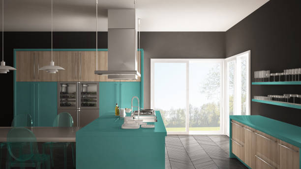 istock Minimalistic modern kitchen with table, chairs and parquet floor, gray and turquoise interior design 835814458