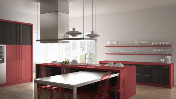 istock Minimalistic modern kitchen with table, chairs and parquet floor, gray and red interior design 835816920