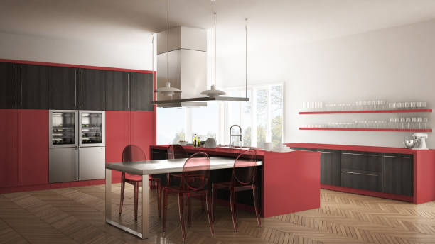 istock Minimalistic modern kitchen with table, chairs and parquet floor, gray and red interior design 835816996