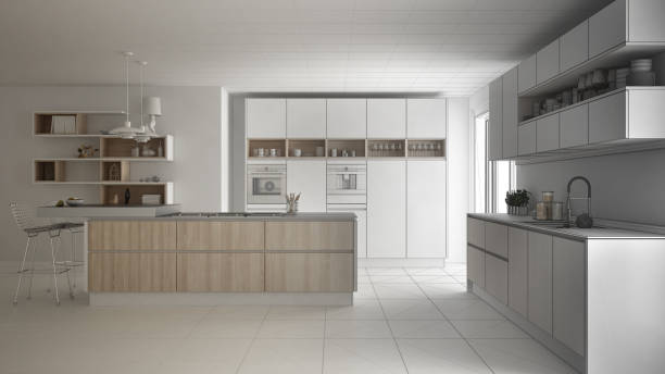 istock Unfinished project of modern scandinavian kitchen, sketch abstract interior design 835817362