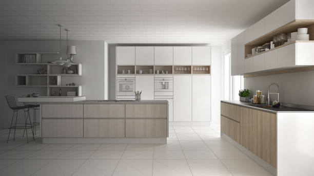 istock Unfinished project of modern scandinavian kitchen, sketch abstract interior design 835817412