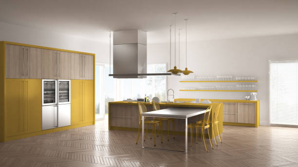 istock Minimalistic modern kitchen with table, chairs and parquet floor, white and yellow interior design 835817870