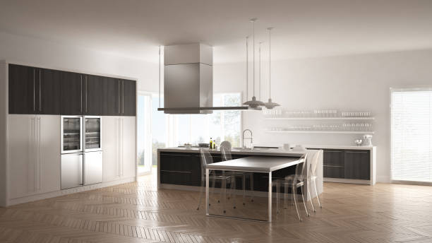 istock Minimalistic modern kitchen with table, chairs and parquet floor, white and gray interior design 835820188