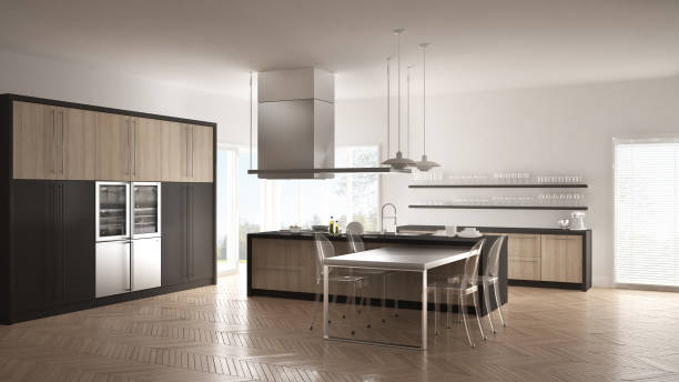 istock Minimalistic modern kitchen with table, chairs and parquet floor, white and gray interior design 835820290