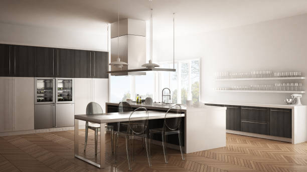 istock Minimalistic modern kitchen with table, chairs and parquet floor, white and gray interior design 835820342