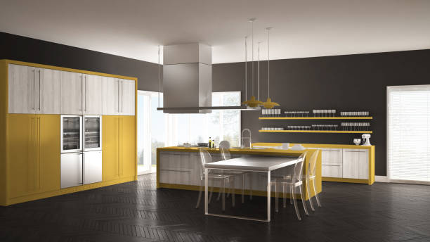 istock Minimalistic modern kitchen with table, chairs and parquet floor, gray and yellow interior design 835820492