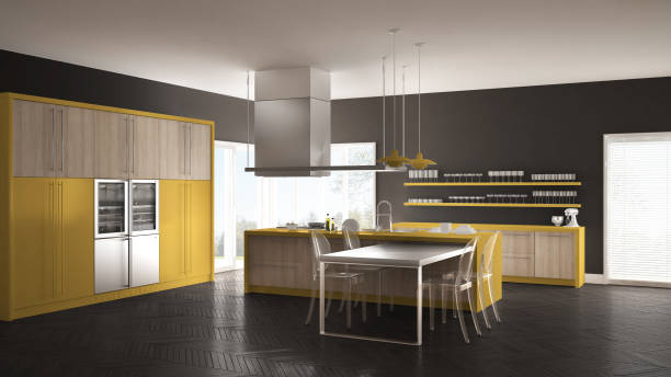 istock Minimalistic modern kitchen with table, chairs and parquet floor, gray and yellow interior design 835820514