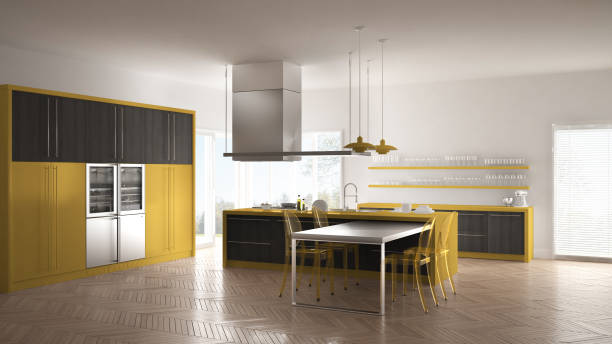 istock Minimalistic modern kitchen with table, chairs and parquet floor, gray and yellow interior design 835820548