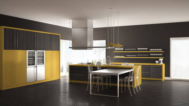 istock Minimalistic modern kitchen with table, chairs and parquet floor, gray and yellow interior design 835820576