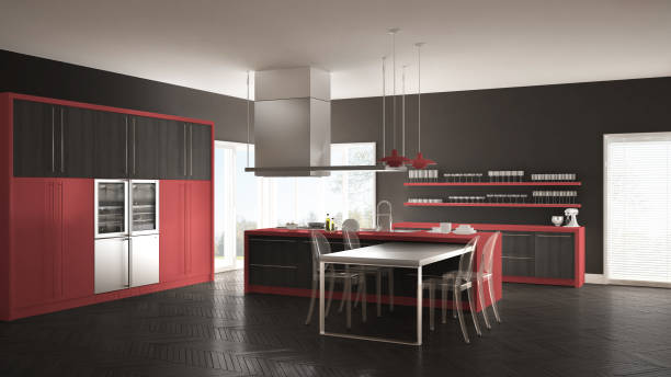 istock Minimalistic modern kitchen with table, chairs and parquet floor, gray and red interior design 835820746