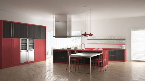 istock Minimalistic modern kitchen with table, chairs and parquet floor, gray and red interior design 835820784