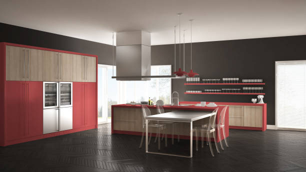 istock Minimalistic modern kitchen with table, chairs and parquet floor, gray and red interior design 835820808