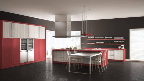 istock Minimalistic modern kitchen with table, chairs and parquet floor, gray and red interior design 835820844