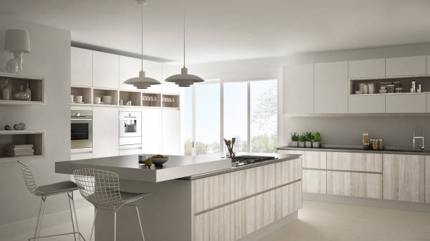 istock Modern white kitchen with wooden and white details, minimalistic interior design 835821152