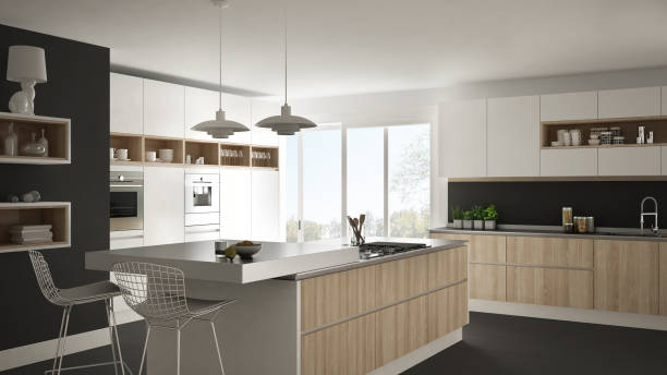 istock Modern white kitchen with wooden and white details, minimalistic interior design 835821182