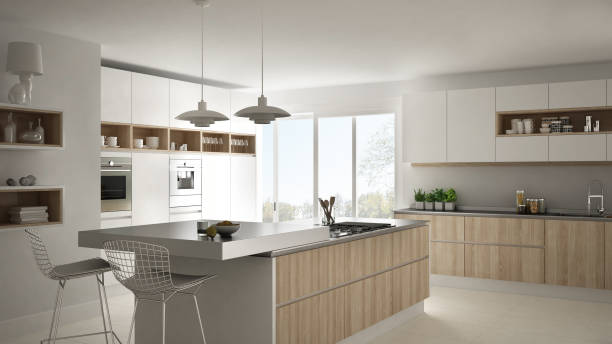 istock Modern white kitchen with wooden and white details, minimalistic interior design 835821204