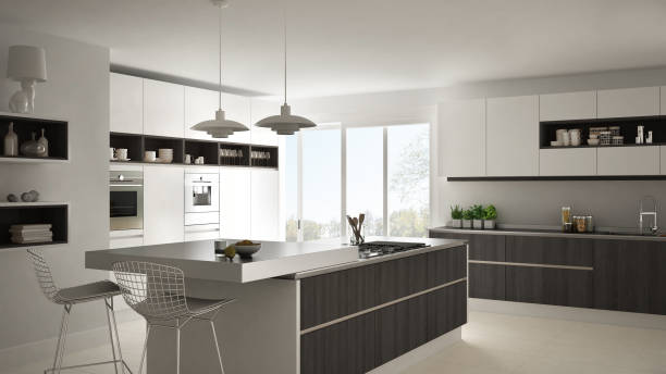 istock Modern white kitchen with wooden and white details, minimalistic interior design 835821240