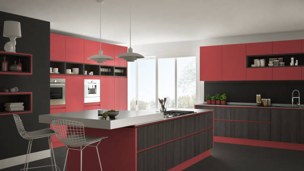 istock Modern white kitchen with wooden and red details, minimalistic interior design 835821470