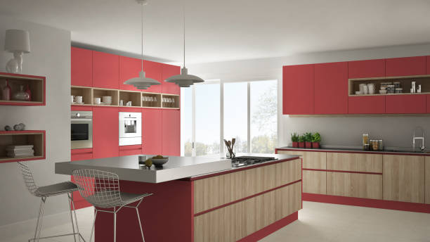 istock Modern white kitchen with wooden and red details, minimalistic interior design 835821592