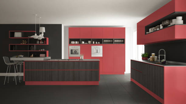 istock Modern white kitchen with wooden and red details, minimalistic interior design 835821602