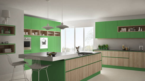 istock Modern white kitchen with wooden and green details, minimalistic interior design 835821678