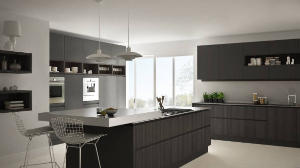 istock Modern white kitchen with wooden and gray details, minimalistic interior design 835821760