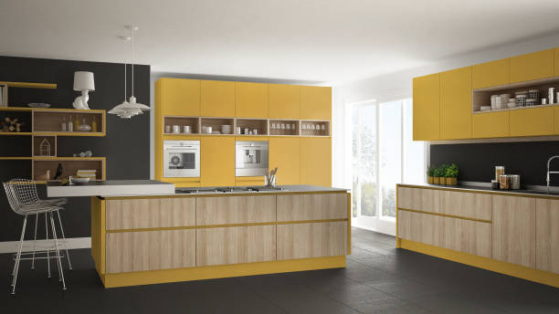istock Modern white kitchen with wooden and yellow details, minimalistic interior design 835824984