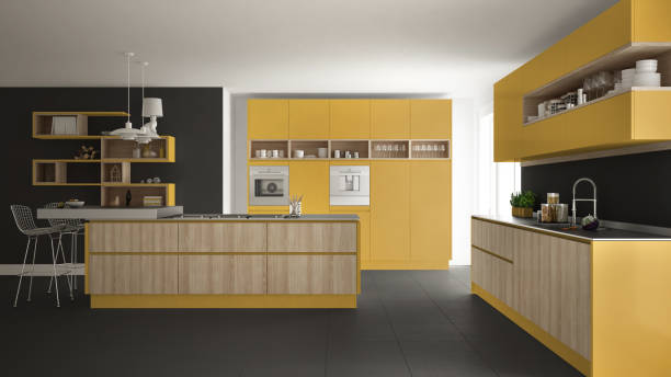 istock Modern white kitchen with wooden and yellow details, minimalistic interior design 835825010