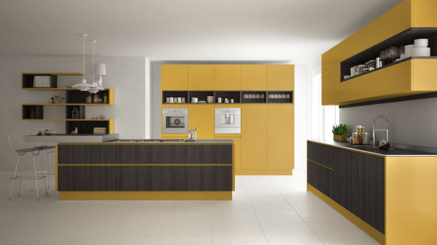 istock Modern white kitchen with wooden and yellow details, minimalistic interior design 835825114