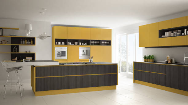 istock Modern white kitchen with wooden and yellow details, minimalistic interior design 835825180
