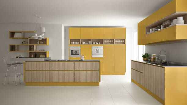 istock Modern white kitchen with wooden and yellow details, minimalistic interior design 835825240