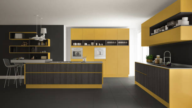 istock Modern white kitchen with wooden and yellow details, minimalistic interior design 835825286