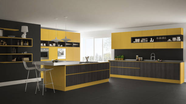 istock Modern white kitchen with wooden and yellow details, minimalistic interior design 835825456