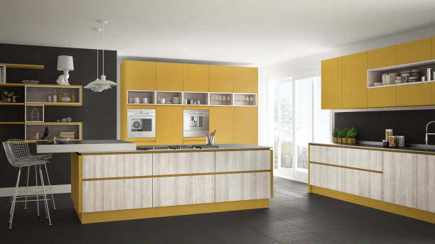 istock Modern white kitchen with wooden and yellow details, minimalistic interior design 835825500