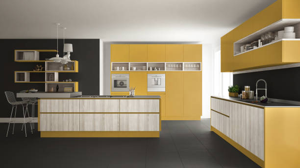 istock Modern white kitchen with wooden and yellow details, minimalistic interior design 835825948