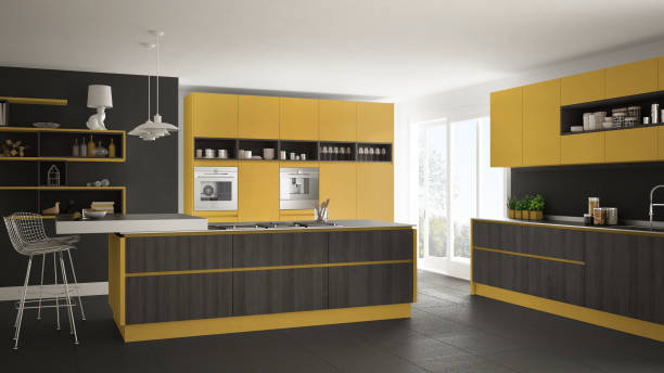 istock Modern white kitchen with wooden and yellow details, minimalistic interior design 835826004