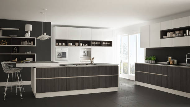 istock Modern white kitchen with wooden and white details, minimalistic interior design 835828292